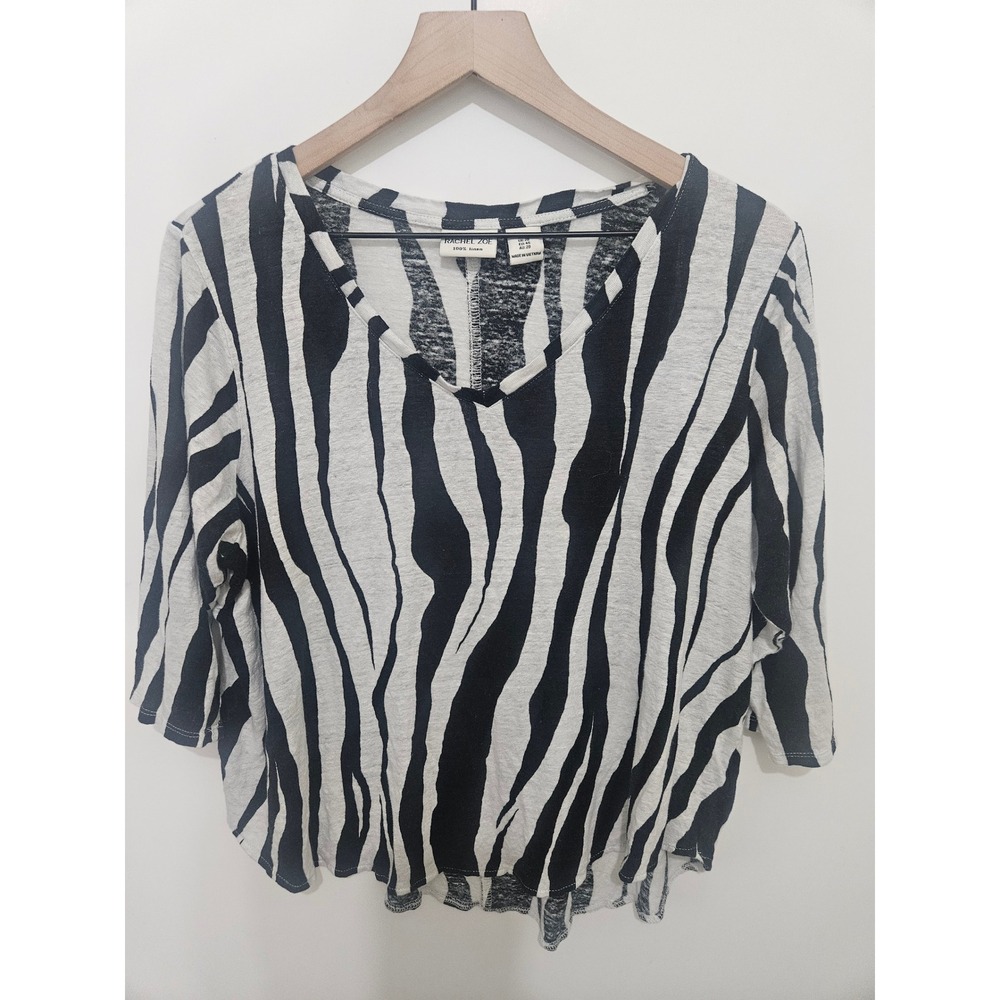 Rachel Zoe Womens Zebra Print 100% Linen V-Neck 3/4 Sleeve Top Black White 1X